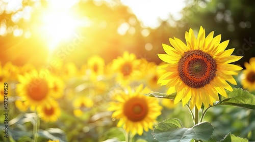 Sunflowers in a field bathed in sunlight