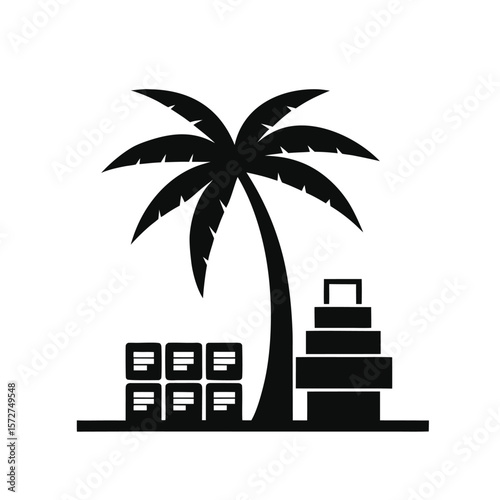 Monochrome Tropical Trade: A simple, bold vector graphic depicting a palm tree overseeing neatly stacked cargo boxes, symbolizing the intersection of tropical locales and global trade.