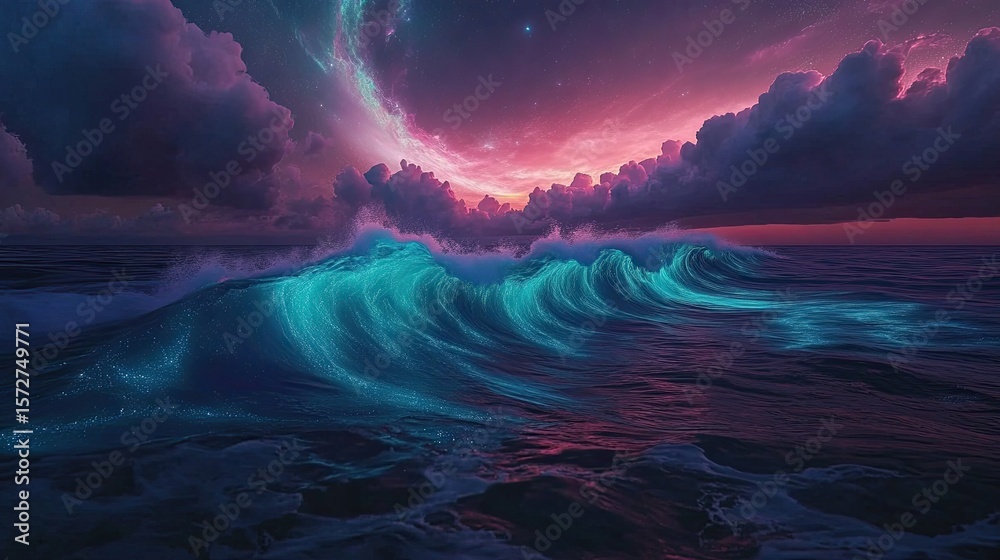 Fototapeta premium Celestial Wave: Bio luminescent Ocean Meets Cosmic Sunset