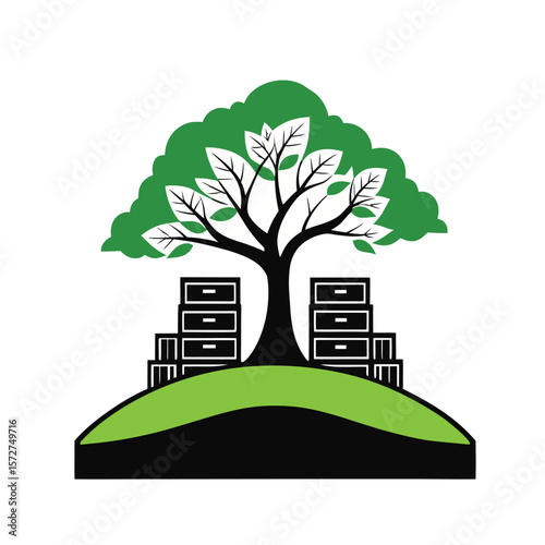 Eco-Conscious Data Storage: A tree grows atop a stylized data storage server, symbolizing the harmonious integration of nature and modern technology in an eco-conscious approach. 