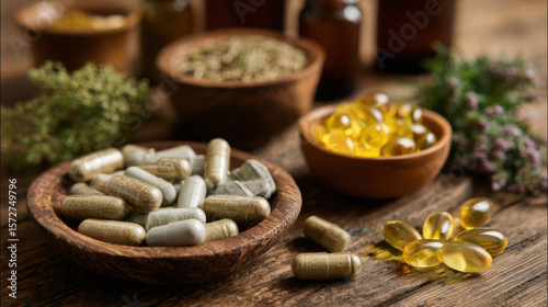 A collection of herbal tablets and supplements on a wooden tabletop, emphasizing natural health solutions, alternative medicine, and consumer health products