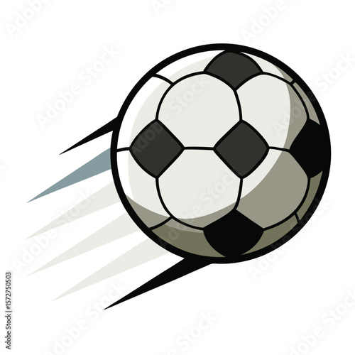 A soccer ball in mid-flight, isolated on a white background, for sport, game, action, or athletic activity.