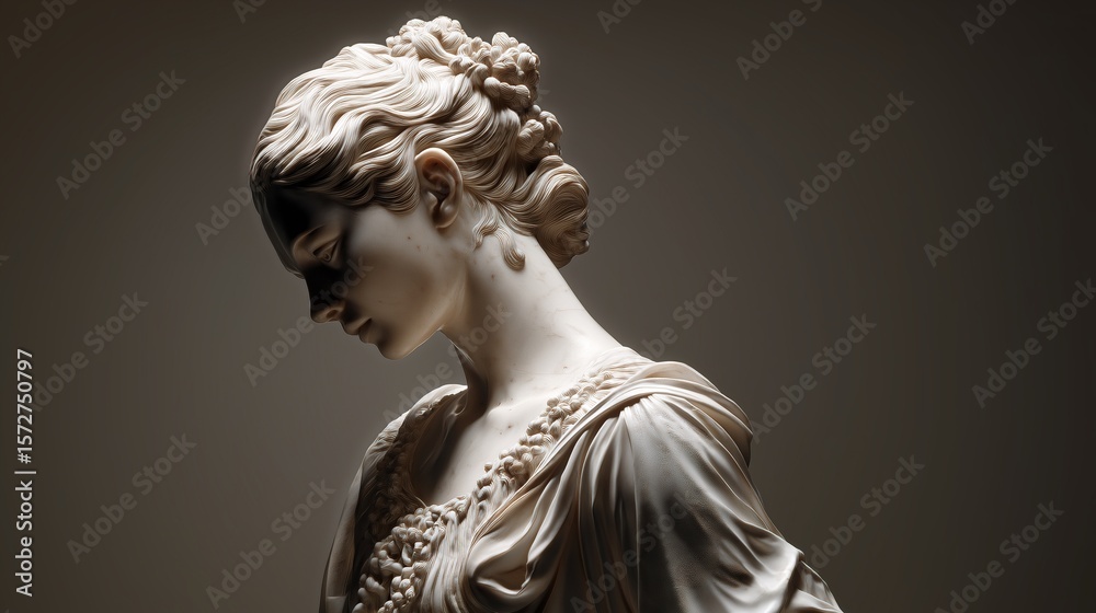 Naklejka premium A stone statue of a woman. A sculpture made of marble. A delicate and elegant piece. AI generated.