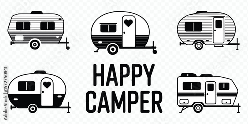vintage camper trailer vector set with heart details and happy camper typography for outdoor adventure designs