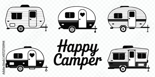retro caravan and camper trailer vector illustrations with heart accents and stylish happy camper text