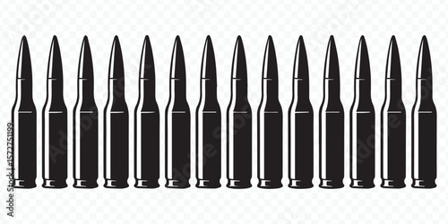 monochrome bullet vector silhouette, precise ammunition design for firearm, combat, and tactical layouts