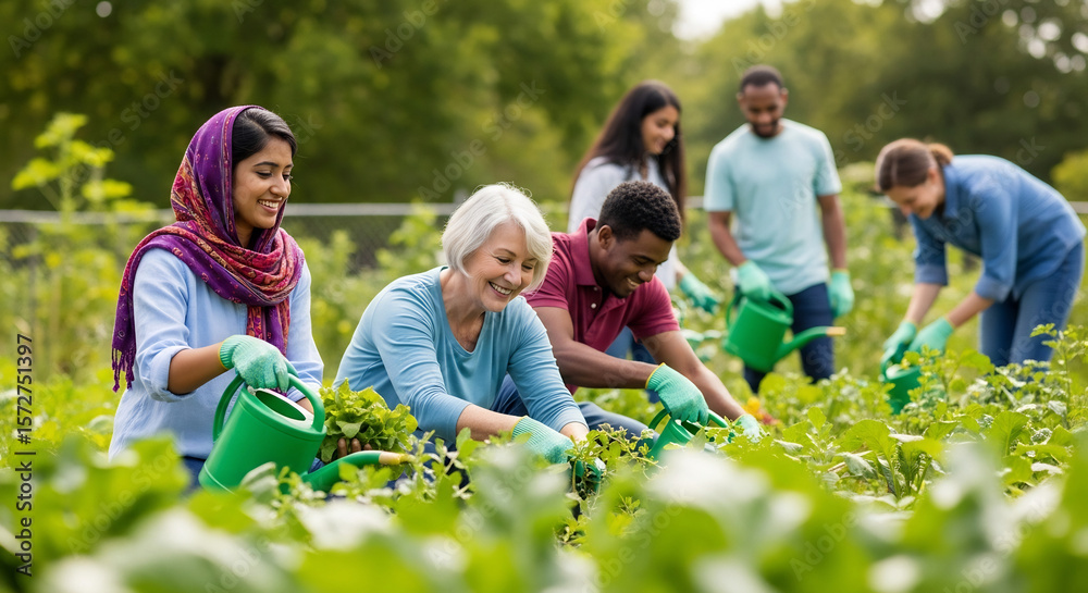 Fototapeta premium Celebrating Women Equality Day: Diverse Group Gardening Together, Promoting Community and Empowerment