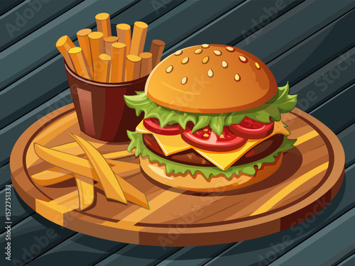 vector of Bacon cheeseburger with cheddar cheese fries on the side of the cheeseburger in a round wooden dish. Wooden table, dark background