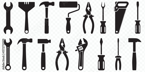 set of 16 black silhouette hand tool vector icons for construction, repair, home improvement, and diy projects