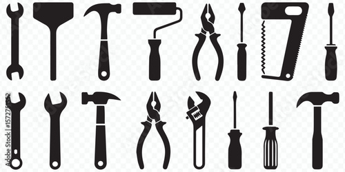 editable scalable vector pack of black silhouette hand tools including hammer, wrench, screwdriver, pliers, and more