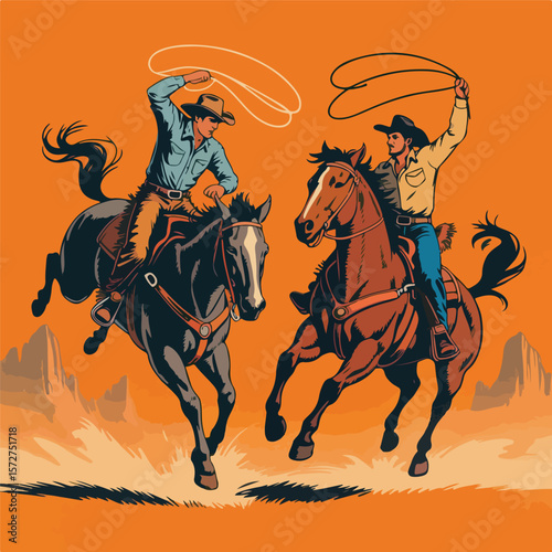 Dynamic Rodeo Illustration of Bucking Broncos with Riders – Western Style Side Profile

