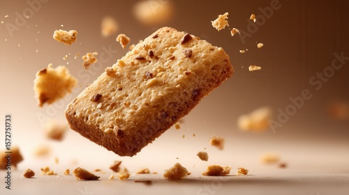 Crispy almond biscuit with golden brown texture and crumbs in mid-air.