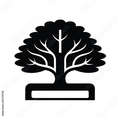 Iconic Tree Silhouette: A minimalist silhouette of a tree against a stark backdrop, embodying simplicity and natural elegance. The stark contrast highlights its intricate branches and full.