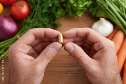 Hands holding capsule among fresh vegetables on wooden table.