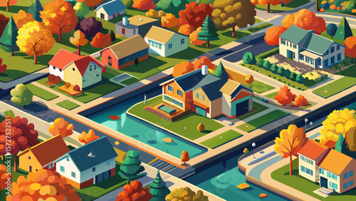 Overhead aerial view of colorful autumn trees, residential houses and yards with drainage pond along suburban street in Chicago area. Midwest USA. 4K