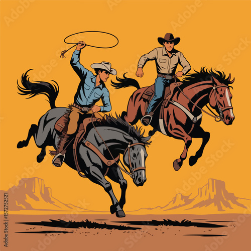 Dynamic Rodeo Illustration of Bucking Broncos with Riders – Western Style Side Profile

