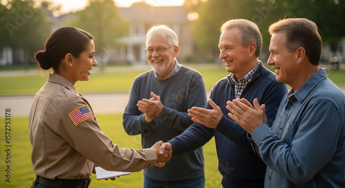 Community Building: Police Officer Shakes Hands with Residents at National Night Out Event