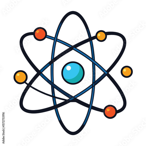 A stylized atom with orbiting electrons, isolated on white, for science, physics, technology, or energy concepts.