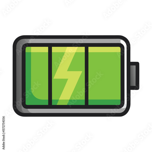 A stylized battery icon showing a full charge, isolated on white, representing power, energy, full, or charged status.