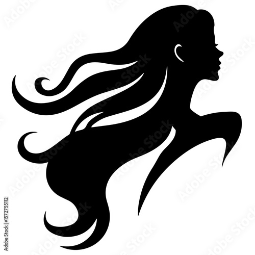 Black vector silhouette illustration of a woman with long flowing hair, stylized as a beautiful design element