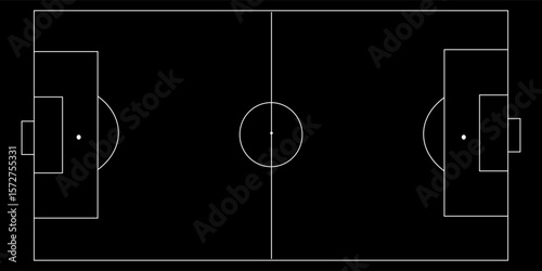 Football field top view. Football grass field with white lines. Black field background. Football Vector - Football Field. Scheme and marking of football field, football field.
