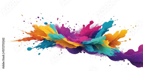 Colorful paint and ink splashes create vibrant, artistic designs with a splatter effect on a white background