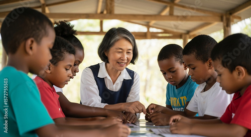 World Humanitarian Day: Dedicated Teacher Helping Diverse Group of Students Learn Outdoors