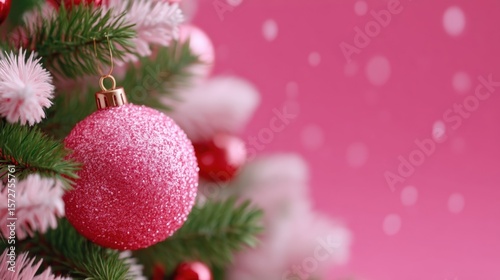 Pink Christmas ornament hanging on green pine tree branches with blurred festive lights in the background.