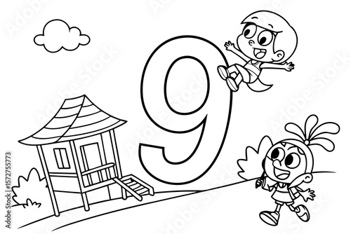 Vector line art of the numberfigure 9 with fun cartoon characters, black and white, designed for coloring page use, easy for preschool kids