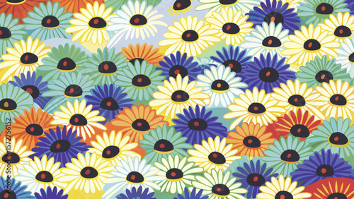 A vibrant field of daisies in various colors creates a cheerful and busy floral pattern design