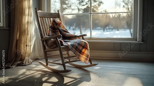 Cozy Wooden Rocking Chair Beside Window on Winter Morning

