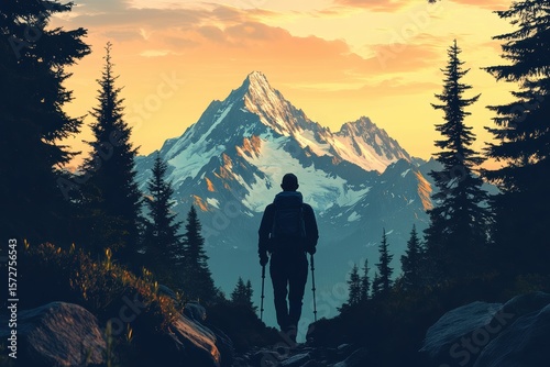 Hiker exploring scenic mountain landscape at sunset with vibrant colors illuminating the sky