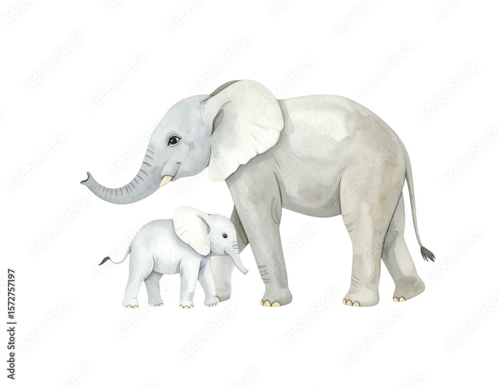 Fototapeta premium Watercolor elephants with a baby elephant.