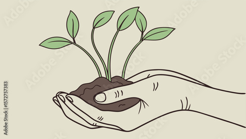 Hand holding soil with green sprouts isolated on Transparent Background