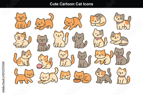 Cute Cartoon Cat Icons in Flat Vector Pastel Style