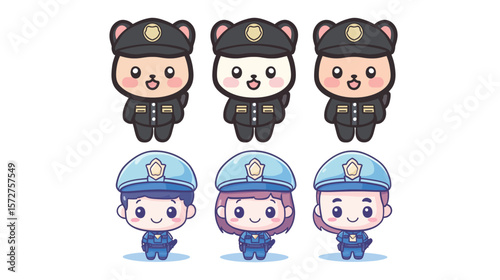 Cute security police officer in kawaii vector graphic style, featuring a smiling cartoon character in uniform with cap and badge, representing law enforcement, public safety, child-friendly design, 