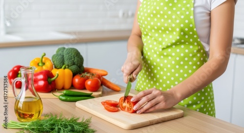 Womans hands slicing a tomato in a kitchen