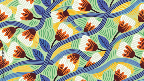 Floral pattern with white and orange flowers blue stems and green background in a seamless design