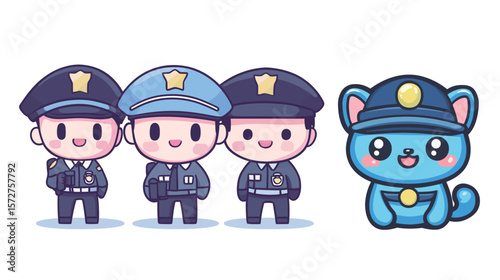 Cute security police officer in kawaii vector graphic style, featuring a smiling cartoon character in uniform with cap and badge, representing law enforcement, public safety, child-friendly design, 