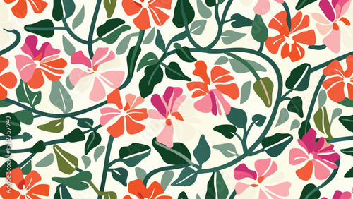 Floral pattern with orange and pink flowers and green leaves on a light beige background artful repeat