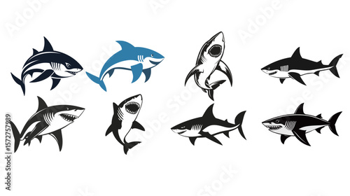 Minimal shark vector icon in clean vector graphic design, featuring a sleek marine predator silhouette with sharp fins and streamlined body, ideal for ocean themes, wildlife illustrations, 