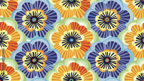 Floral pattern with orange and blue flowers in a seamless repeating arrangement design style art