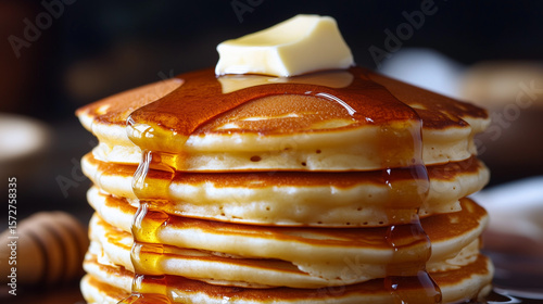 A stack of fluffy pancakes with syrup dripping and a dollop of butter on top