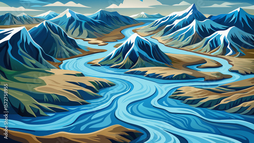 A glacial rivers from above. Aerial photograph of the river streams from Icelandic glaciers. Beautiful art of the Mother nature created in Iceland. Wallpaper background high quality 
