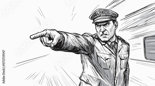 Sketch of a subway staff member giving a stern look, drawn in expressive line art style with authoritative posture, ideal for public transportation illustrations, safety signage, urban service visuals