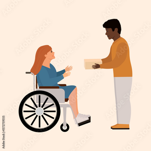 Helping the Disabled. A young girl in a wheelchair receiving help from a standing boy. Care, kindness, and inclusiveness.