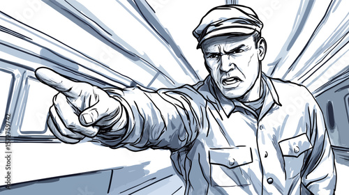 Sketch of a subway staff member giving a stern look, drawn in expressive line art style with authoritative posture, ideal for public transportation illustrations, safety signage, urban service visuals