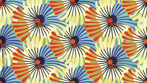 Floral pattern with radiating petals in yellow, red, and black on a blue swirl background design