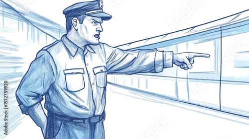 Sketch of a subway staff member giving a stern look, drawn in expressive line art style with authoritative posture, ideal for public transportation illustrations, safety signage, urban service visuals