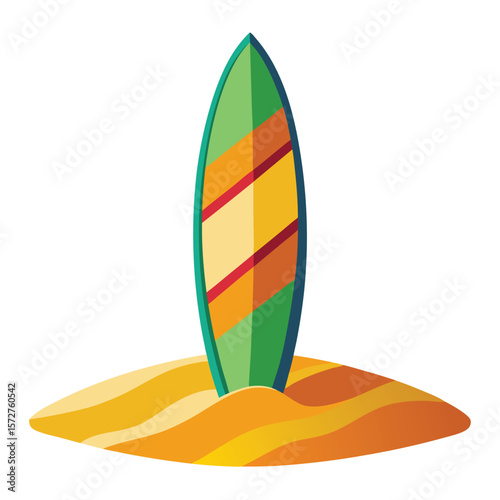 A surfboard on sand, isolated on a white background, for beach, summer, sport, or vacation themes.